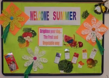 fruits, vegetables, bulletin board